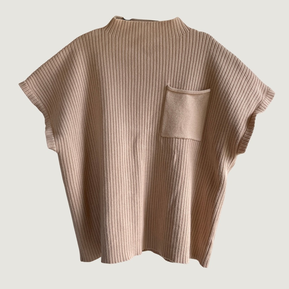 Entro Sweater Top Tan Beige Ribbed Mock Neck Pocket Oversized Sz 1X Quite Luxury